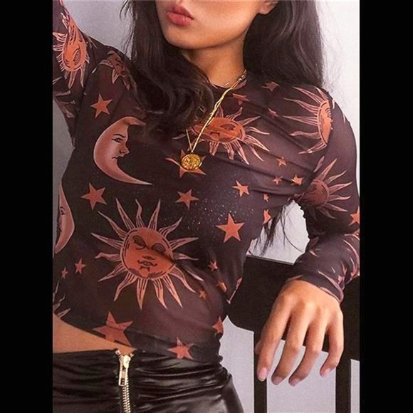 Tops - Women's Long Sleeve Crewneck Moon Sun & Stars Print Sexy Sheer Mesh Crop Top